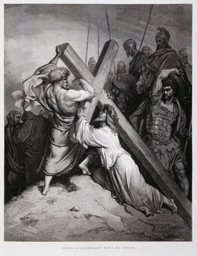 Jezus draagt het kruis, Illustratie uit de Dore Bijbel door Gustave Dore