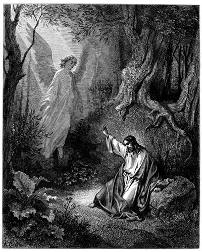 Jezus op de Olijfberg: een engel verschijnt om hem moed te geven - Illustratie door Gustave Doré voor de Bijbel door Gustave Dore