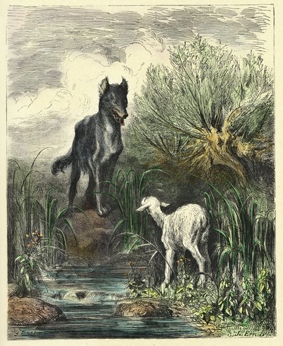 De wolf en het lam (gravure uit 1861-1868) door Gustave Dore