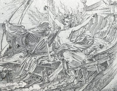 Leven en Dood loten het lot van de bemanning. door Gustave Dore