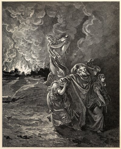 Lot en zijn dochters vluchten uit Sodom door Gustave Dore