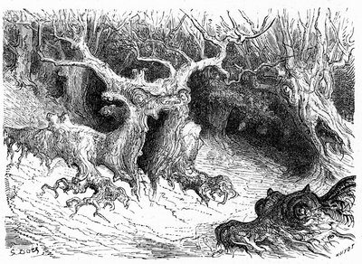 Monsterachtige beuk in de Ossau-vallei, antropomorfe monsterbomen. Gravure door Gustave Doré ter illustratie van het boek 