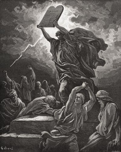 Mozes breekt de tafelen van de wet, Exodus 32:19, illustratie uit Dore