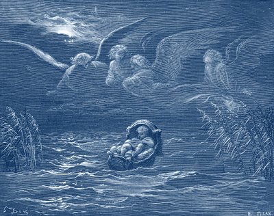Mozes op de rivier de Nijl, gravure door Doré - Bijbel door Gustave Dore