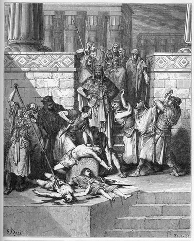 Nebukadnezar beveelt de zonen van de rebelse Zedekia te doden - gravure in De geïllustreerde Bijbel door Gustave Dore - Gravure uit De Dore Bijbel door Gustave Dore