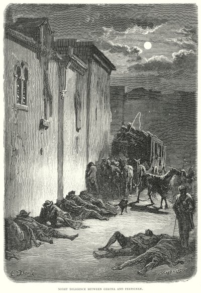 Nachtelijke vlijt tussen Gerona en Perpignan (gravure) door Gustave Dore