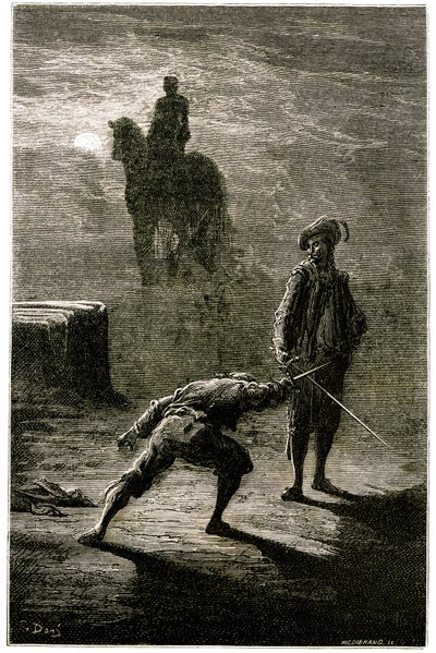 Nachtduel in het maanlicht tussen Baron de Sigognac en Jacquemin Lampourde, onder het ruiterstandbeeld van de Bronzen Koning. Gravure door Gustave Doré ter illustratie van Théophile Gautier
