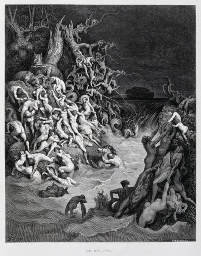Noach en zijn ark ontsnappen terwijl de grote vloed de aarde overspoelt, Illustratie uit de Dore Bijbel door Gustave Dore
