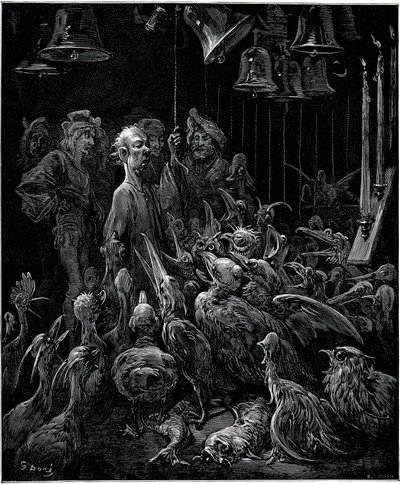 Op Sonnante Eiland laat Panurge vogels zingen door de klokken te luiden - illustratie door Gustave Dore voor de volledige werken van Francois Rabelais - Vijfde Boek - Pantagruel door Gustave Dore