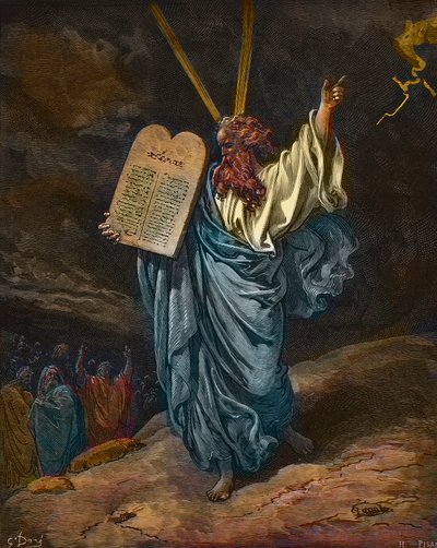 Voorstelling van Mozes met de nieuwe tafelen van de wet op de berg Sinaï - gravure door Gustave Doré (1832-1883) - latere inkleuring door Gustave Dore