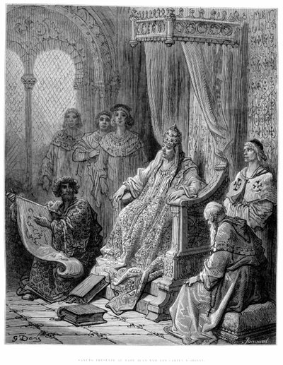 Sanuto presenteert aan paus Johannes XXII de kaarten van het Oosten - gravure door Gustave Doré door Gustave Dore
