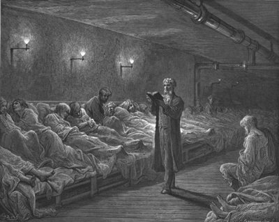 Schriftlezing in een nachtasiel, 1872 door Gustave Dore