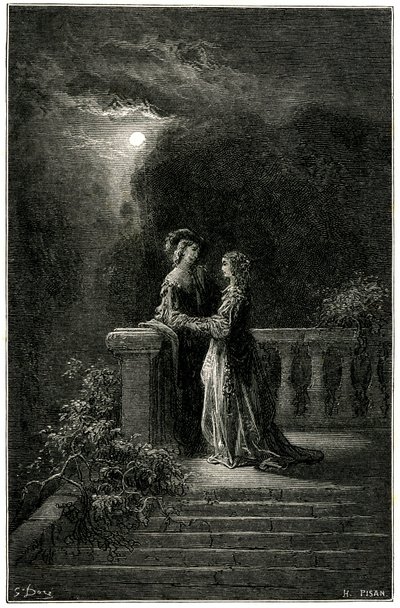 Sigognac en Isabelle: geliefden eindelijk verenigd in het maanlicht. Uiteindelijk triomfeert de liefde! Gravure door Gustave Dore die de picareske roman van cape en degen door Theophile Gautier 