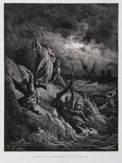 St. Paulus landt op Malta, Illustratie uit de Dore Bijbel door Gustave Dore