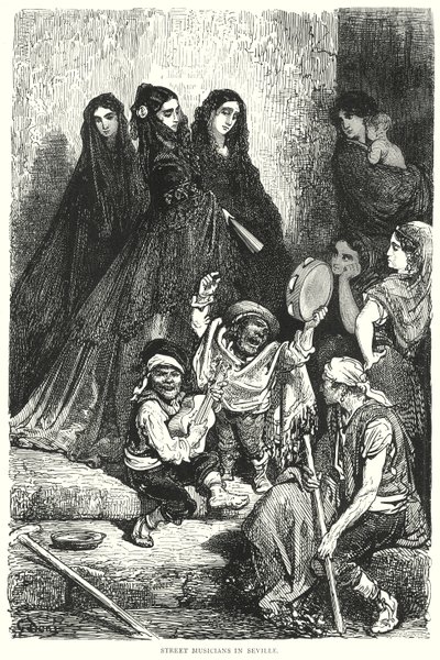 Straatmuzikanten in Sevilla (gravure) door Gustave Dore