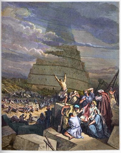 Toren van Babel - De Toren van Babel illustratie van Genesis en taalverwarring door Yahve. Rechts bespreekt koning Nimrud met de architecten - gravure in 