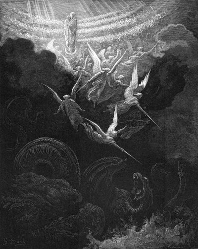 De aartsengel Michaël en zijn engelen vechten tegen de draak door Gustave Dore