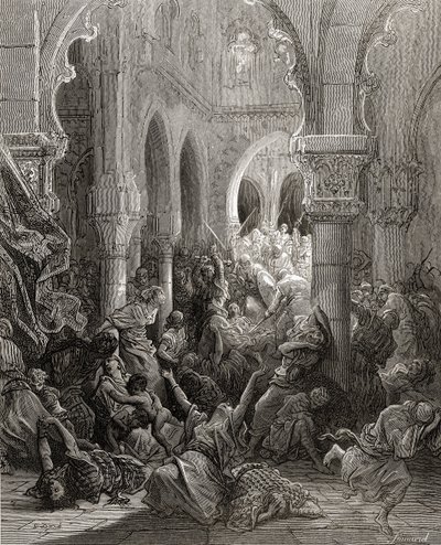 De kruisvaarders slachten de inwoners van Caesarea af, illustratie uit 
