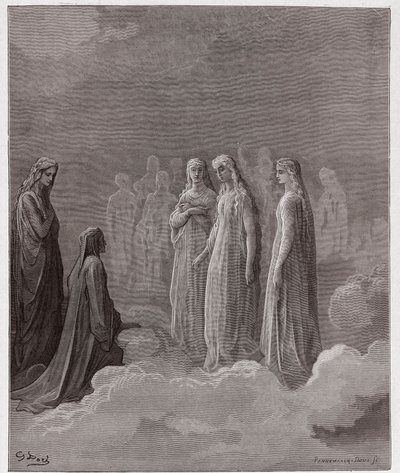 De Goddelijke Komedie (La Divina Commedia, La Divine Comedie), Paradiso, Canto 3: Het eerste rijk: Piccarda Donati en de zielen wiens geloften waren verbroken - door Dante Alighieri (1265-1321) - Illustratie door Gustave Doré (1832-1883) door Gustave Dore