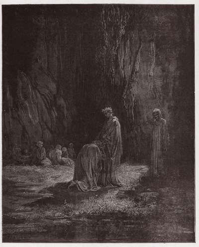 De Goddelijke Komedie, Purgatorio, Canto 7: De dichter Sordello, verbaasd, knielt voor Virgil - door Dante Alighieri (1265-1321) - Illustratie door Gustave Doré (1832-1883) door Gustave Dore