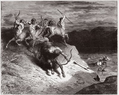 De Goddelijke Komedie (La Divina Commedia, La Divine Comedie), Inferno, Canto 12: De centauren vallen de zielen aan in kokend bloed - door Dante Alighieri (1265-1321) - Illustratie door Gustave Doré (1832-1883) door Gustave Dore