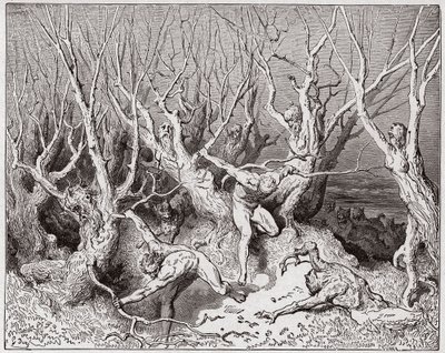 De Goddelijke Komedie, Inferno, Canto 13: De zelfmoordenaars vluchten het bos - door Dante Alighieri - Illustratie door Gustave Dore door Gustave Dore