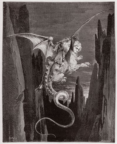 De Goddelijke Komedie, Inferno, Canto 17: De afdaling in de afgrond op de rug van Geryon - door Dante Alighieri - Illustratie door Gustave Dore door Gustave Dore