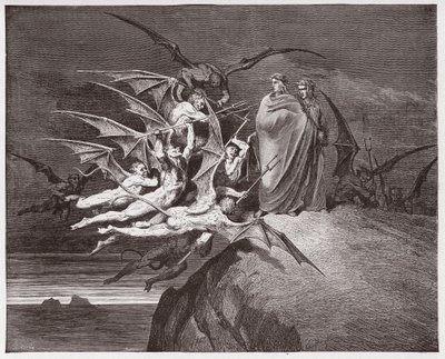 Inferno, Canto 21: De demonen bedreigen Virgil (Illustratie door Gustave Doré) door Gustave Dore