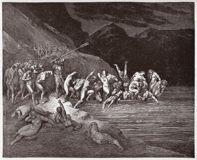 De Goddelijke Komedie (La Divina Commedia, La Divine Comedie), Inferno, Canto 3: De verdoemde zielen die zich inschepen om de Acheron over te steken - door Dante Alighieri (1265-1321) - Illustratie door Gustave Doré (1832-1883) door Gustave Dore