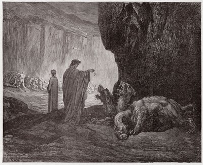 Inferno, Canto 6: Virgil voedt Cerberus in de derde cirkel (Illustratie door Gustave Doré) door Gustave Dore