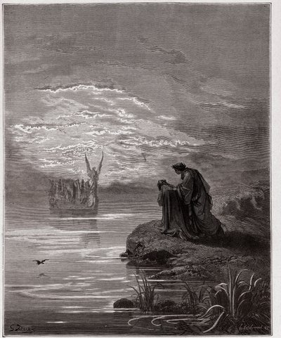 De Goddelijke Komedie (La Divina Commedia, La Divine Comedie), Purgatorio, Canto 2: Dante buigt voor de engelpiloot - door Dante Alighieri (1265-1321) - Illustratie door Gustave Doré (1832-1883) door Gustave Dore