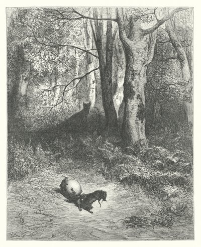 De fabels van La Fontaine: De twee ratten, de vos en het ei (gravure) door Gustave Dore