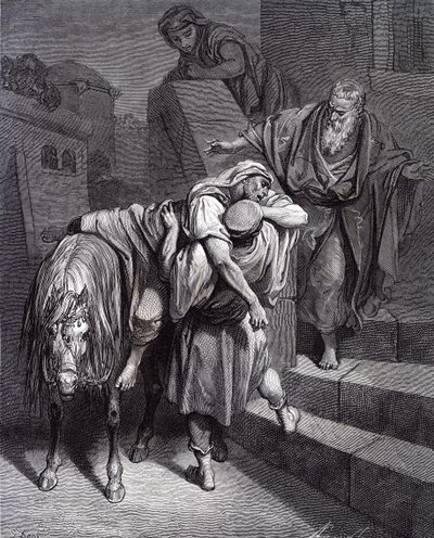 De barmhartige Samaritaan in de herberg, door Doré - Bijbel door Gustave Dore