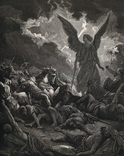 De Heilige Bijbel. 1866. SENNACHERIB (705-681 v.Chr.). Koning van Assyrië (705-681 v.Chr.). Engel van Yahweh van het leger van Sennacherib. Gravure door Gustave Dore