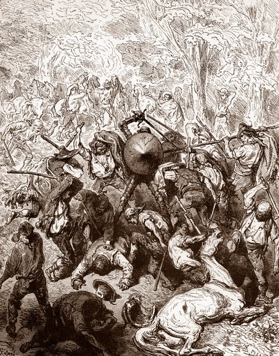 Het gevecht tegen de muilezeldrijvers van Yanguas Gravure door Gustave Doré voor 