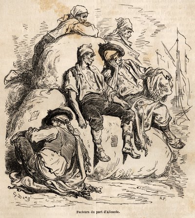 De siësta van de dragers van de haven van Alicante, schets gemaakt op het levendige van Gustave Dore (1832-1883), ter illustratie van zijn reis naar Spanje, in 1862, met Ch. Davillier. Gravure in 