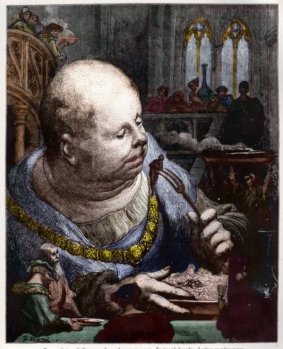 De pelgrims worden in salades gegeten - illustratie uit "Gargantua en Pantagruel" door Francois Rabelais - gravure door Gustave Dore door Gustave Dore