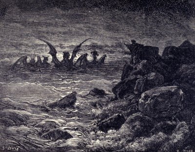 De profeet Daniël ziet monsters verschijnen: Haniel, Kafziel, Azriel, Aniel. Gravure uit de Bijbel geïllustreerd door Gustave Doré. 19e eeuw door Gustave Dore