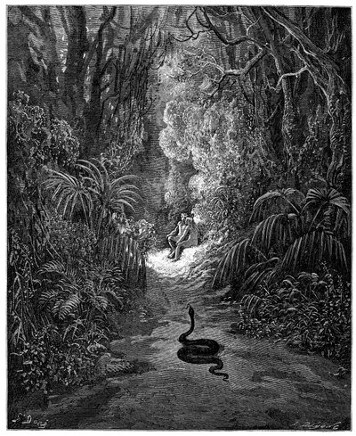De slang gaat naar Adam en Eva. Illustratie door Gustave Doré voor "Paradise Lost" door John Milton (1608-1674). Gravure uit 1866. Privécollectie door Gustave Dore