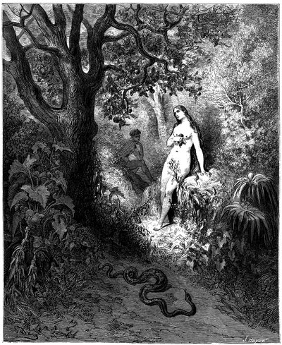 De slang gaat naar Adam en Eva. Illustratie door Gustave Doré voor "Paradise Lost" door John Milton (1608-1674) - Verleiding - Vissen - Gravure uit 1866. Privécollectie door Gustave Dore