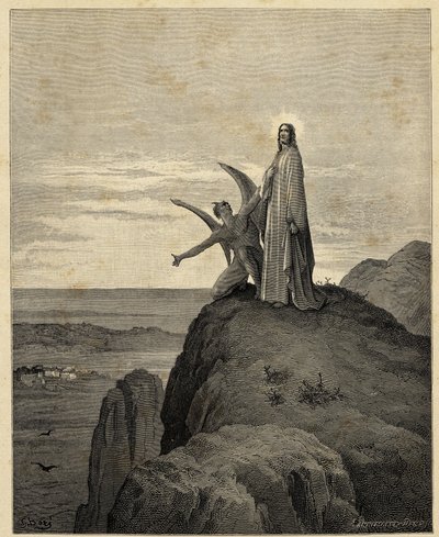 "De verzoeking van Christus" Jezus gaat de woestijn in en wordt verzocht door de duivel. Illustratie door Gustave Dore (1832-1883) voor de Bijbel. 1866 door Gustave Dore