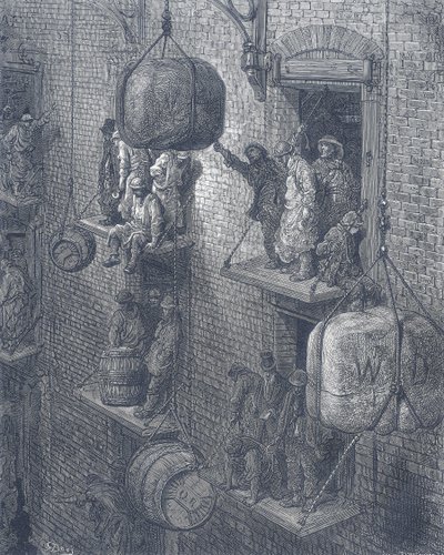 Pakhuizen in de stad Londen. Uit Gustave Dore en Blanchard Jerrold Londen: Een Pelgrimage Londen 1872. door Gustave Dore