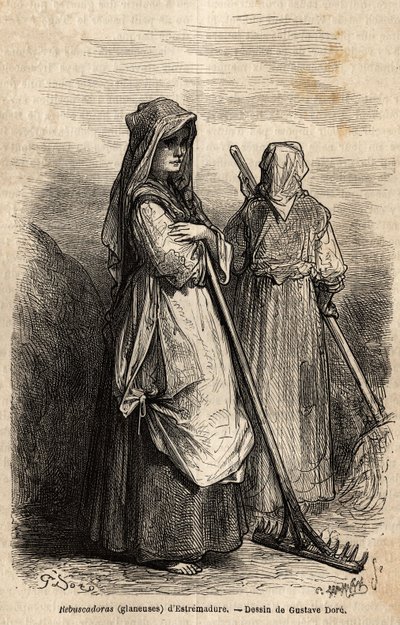 de arenlezers van Estremadure, met hun grote houten harken om het deel van de oogst op te rapen dat na de oogst op de velden was achtergebleven. Gravure ter illustratie van de reis naar Spanje door Gustave Dore (1832-1883) illustrator en Baron Ch. Davillie door Gustave Dore