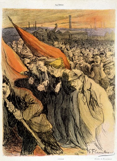 Gebogen menigte met rode vlaggen, "La Grève" door Flaschoën, begin 20e eeuw. door Gustave Flasschoen
