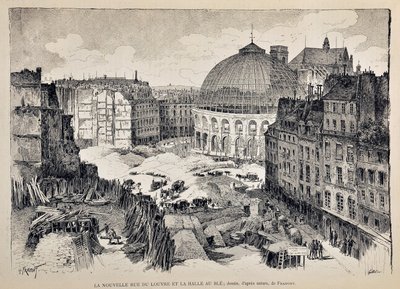 De nieuwe Rue du Louvre en de Halle au Blé in Parijs in 1887. Illustratie door Gustave Fraipont (1849-1923). Gravure uit 1887 in 