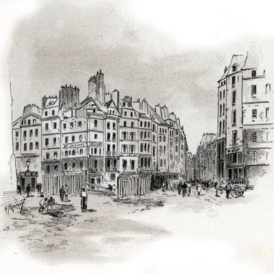 Uitzicht op Place Maubert, Parijs Tekening door Gustave Fraipont (1849-1923) uit 