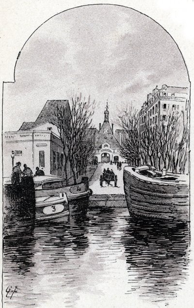 Uitzicht op het Saint-Louis ziekenhuis in Parijs vanaf het kanaal Saint-Martin, Parijs Tekening door Gustave Fraipont (1849-1923) uit Saint-Juirs
