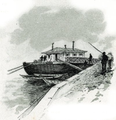 Uitzicht op de boot waar handelaren de tol van de Seine betaalden om goederen te mogen importeren, quai de Bercy in Parijs door Gustave Fraipont