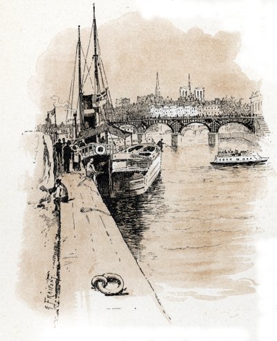 Uitzicht op de maatschappij Seine et Thames waarvan de boten Parijs en Londen verbinden Tekening door Gustave Fraipont (1849-1923) uit 