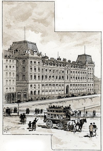 Uitzicht op het politiebureau aan de quai des Orfèvres, Parijs. Tekening door Gustave Fraipont (1849-1923) uit Saint-Juirs door Gustave Fraipont